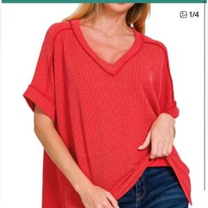 NWT ZENANA CL Red V-Neck Ribbed Women's Top